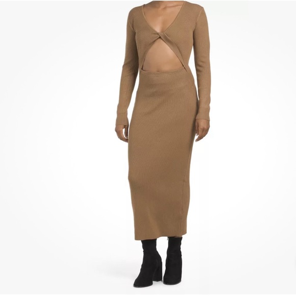 HOUSE OF HARLOW Twist Front Long Sleeve Rib Knit Dress - Camel Brown - Picture 4 of 5